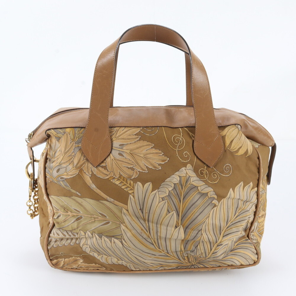 Salvatore Ferragamo Botanical Print Nylon Leather Handbag Tote Bag Brown Women's
